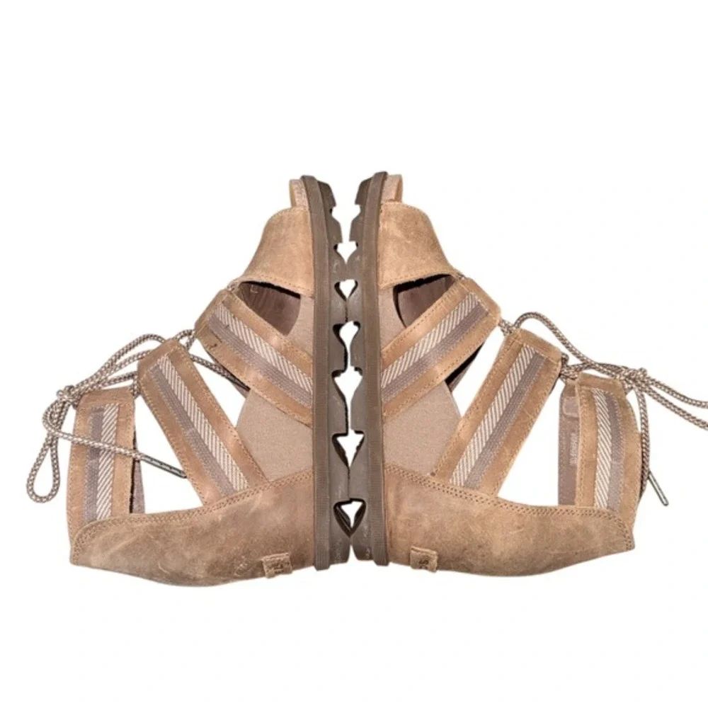 Sorel Joanie II Lace Womens 9 Pre-Owned‎ Wedge Sandal Brown Leather Strappy Lace